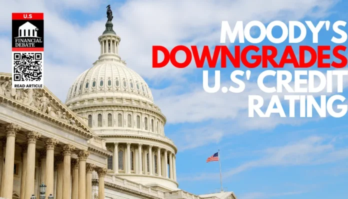 Moody’s Investors Service downgrades the U.S. credit rating, depicting economic uncertainty with a chart showing declining financial indicators and a U.S. flag in the background.