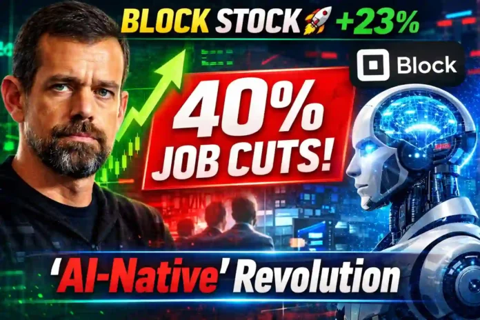 Block Inc stock surges 23% as CEO Jack Dorsey announces 40% workforce cut in AI-native restructuring strategy.
