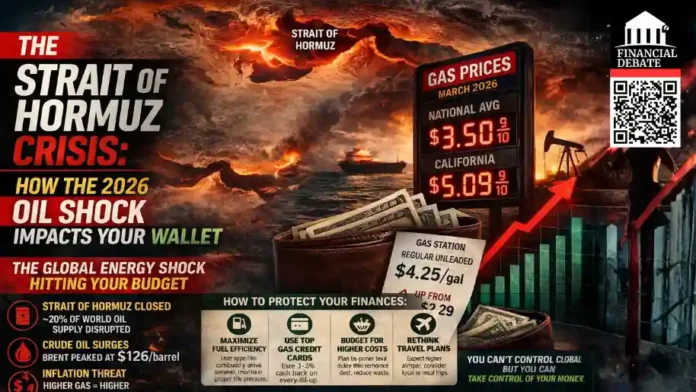 Horizontal infographic showing the Strait of Hormuz crisis with rising gas prices, oil tanker disruption, inflation impact, and effects on household finances