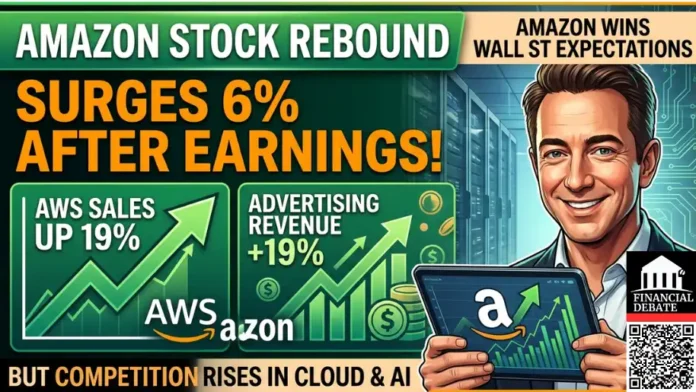 A stylized business professional smiles while holding a tablet displaying upward-trending green financial charts and icons for shipping, cloud services, and e-commerce. To the left, a large graphic shows a sharp upward-climbing green arrow and line chart labeled 