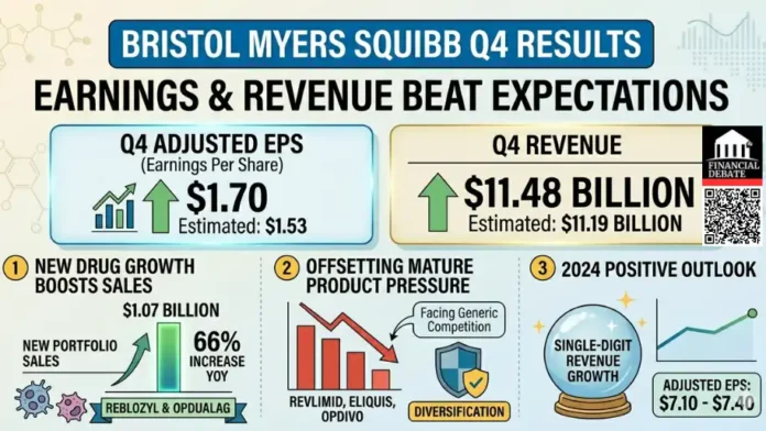 A financial infographic summarizing Bristol Myers Squibb's fourth-quarter results. The top banner states, 