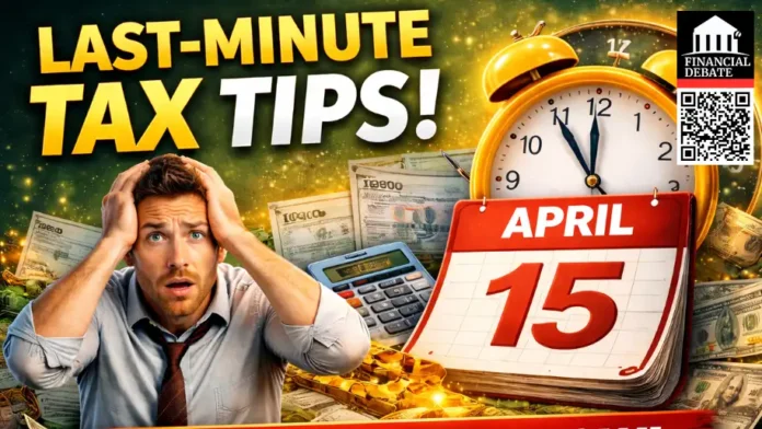 Last-minute tax deadline thumbnail with April 15 calendar, alarm clock, stressed taxpayer, cash, and bold “File Your Taxes Now” message