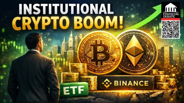 Institutional crypto boom thumbnail with Bitcoin, Ethereum coins, Binance logo, ETF block, rising chart arrow, and businessman viewing financial growth